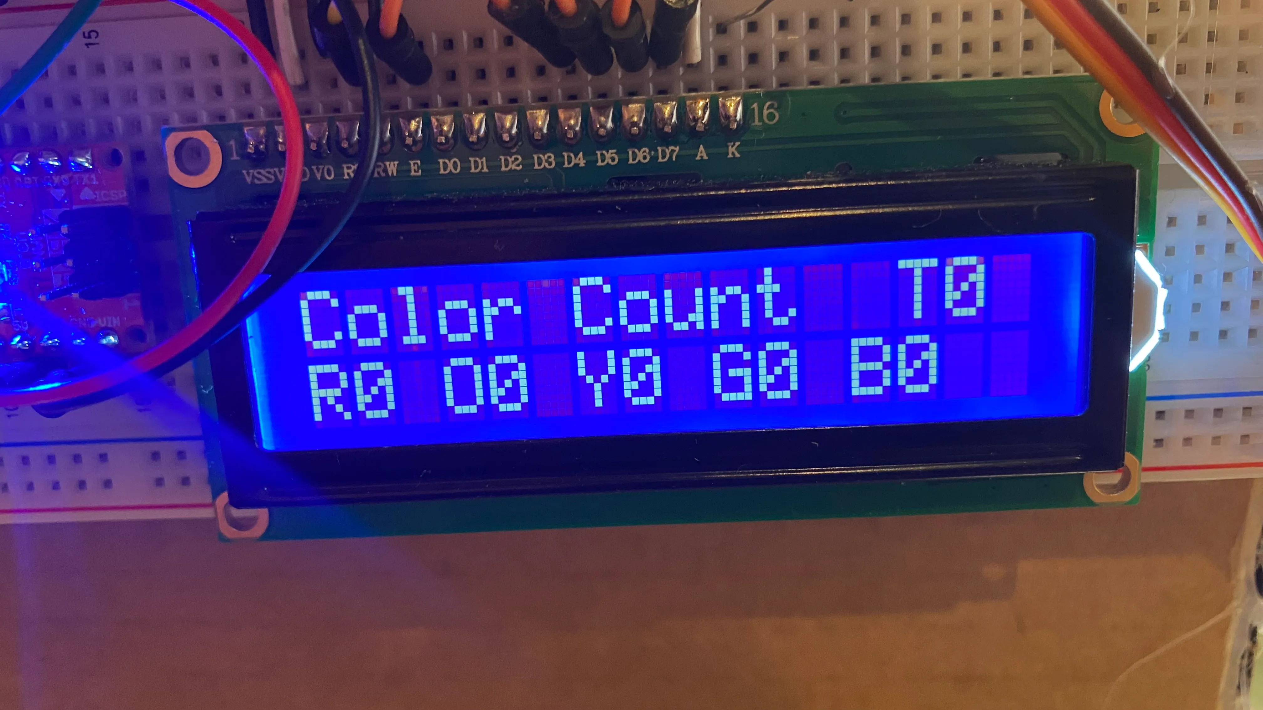 LCD Display. Displays each step of the sorting process as well as a total metrics after each sorted skittle. See video for details.