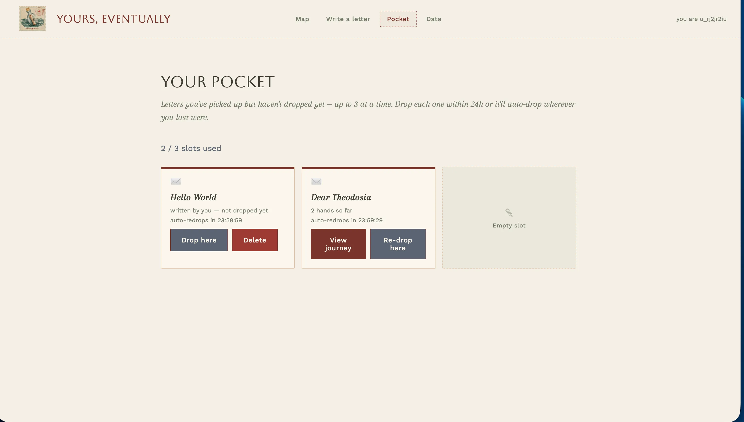 Pocket page. Shows the letters you currently hold and allows you to drop them.