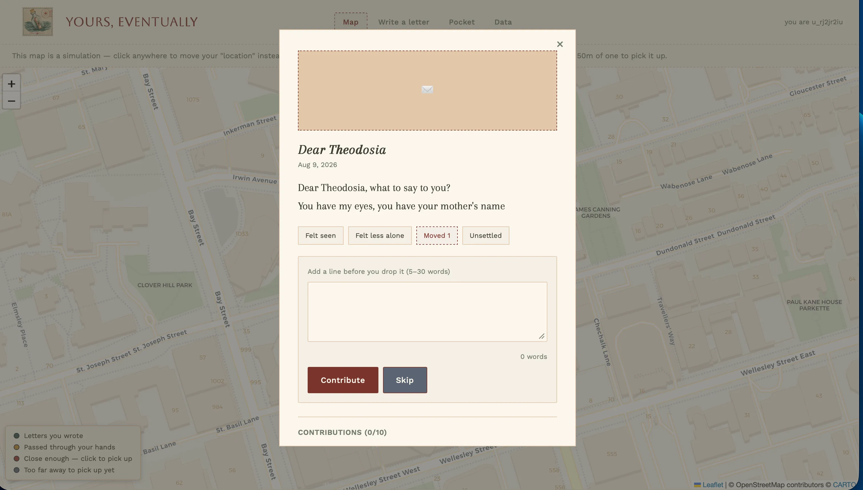 Looking at a letter not authored by the user themselves. Non-authors can comment, react, and drop it at their location.